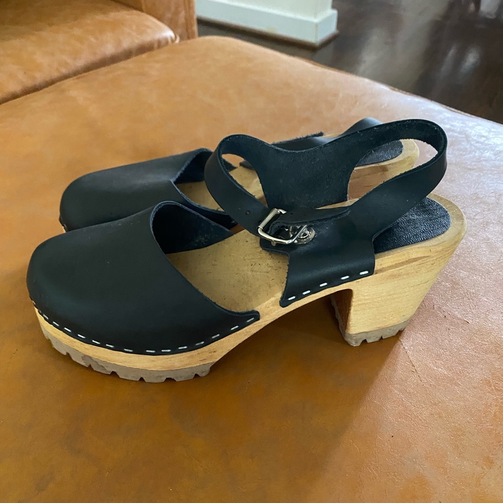 MIA Black and Tan Mules with Wooden Heel
